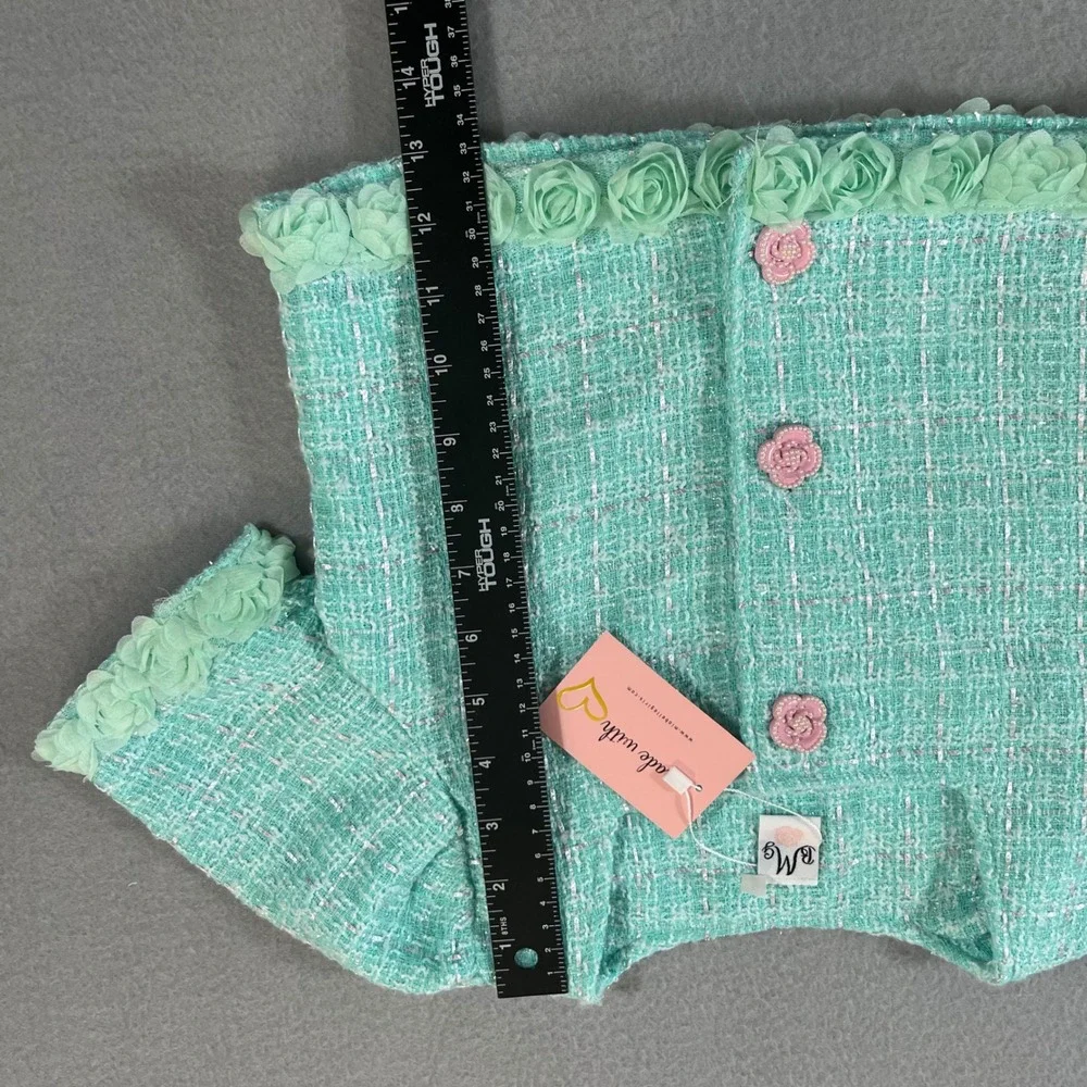 Mia Belle Girls Mint Green Tweed 2 Piece Set Rosette Trim Shorts Jacket Size 7/8